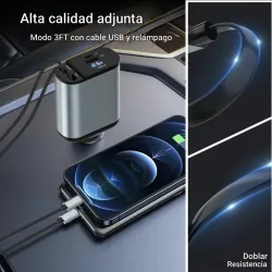 Cargador rápido para carro de teléfono 4 en 1 de 66 W, 2 cables retráctiles y 2 puertos USB, cargador de automóvil