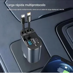 Cargador rápido para carro de teléfono 4 en 1 de 66 W, 2 cables retráctiles y 2 puertos USB, cargador de automóvil